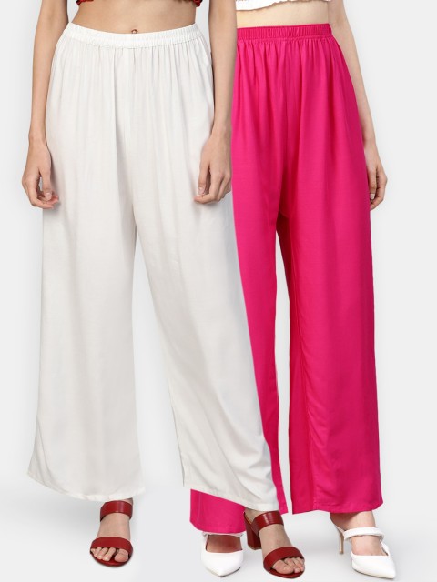

Jompers Women Pack Of 2 White & Fuchsia Colour Solid Wide-Leg Palazzos