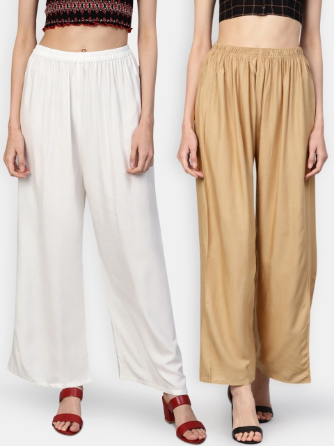 

Jompers Women Pack Of 2 Beige & White Solid Wide-Leg Palazzos
