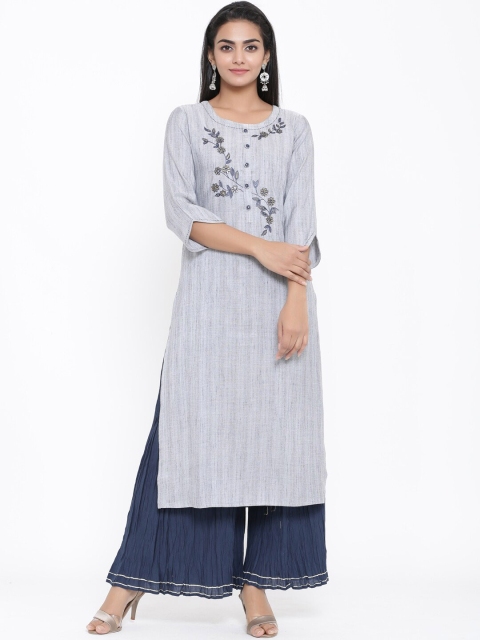 PIROH Women Grey & Blue Self Design Kurta with Palazzos