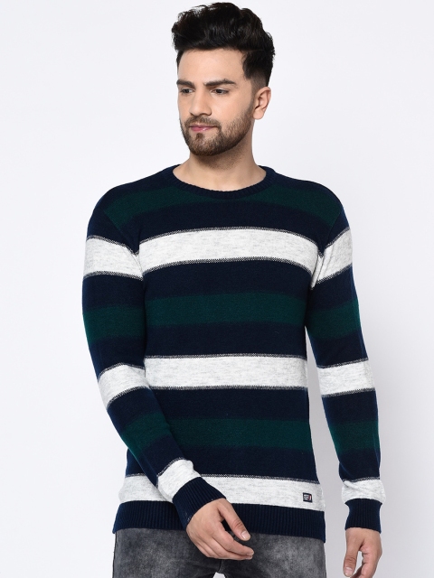 

METTLE Men Green & Blue Striped Pullover Sweater