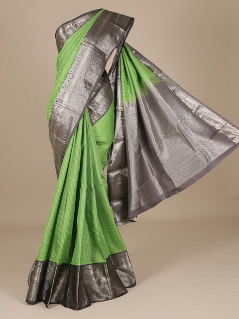 

Pothys Lime Green & Grey Pure Silk Checked Saree