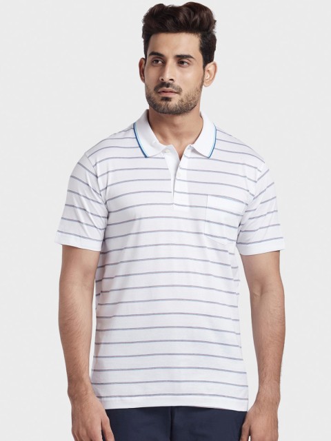 

ColorPlus Men White & Navy Blue Striped Polo Collar T-shirt