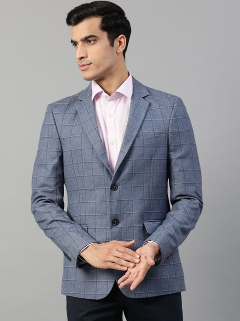 

HARSAM Men Blue Checked Single-Breasted Formal Blazer