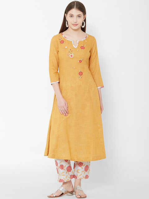 

Os Women Yellow & White Embroidered Kurta with Trousers