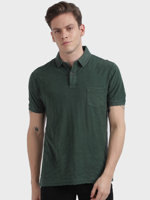

ColorPlus Men Green Self Design Polo Collar T-shirt