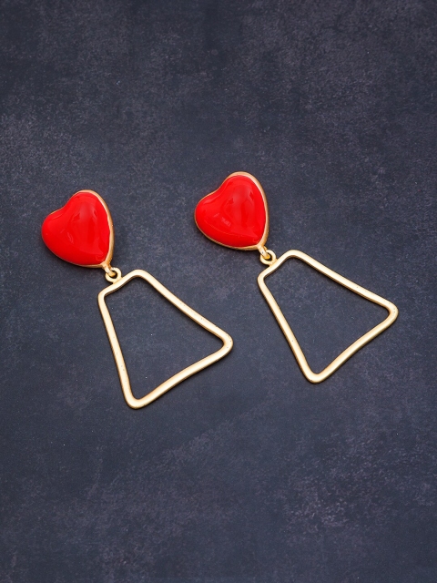 

Golden Peacock Gold-Toned & Red Heart Shaped Drop Earrings