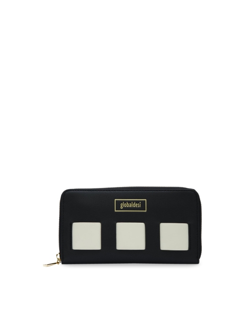 

Global Desi Women Black & White Colourblocked Zip Around Wallet