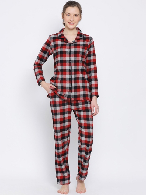 

Kanvin Women Red & Off-White Checked Night suit