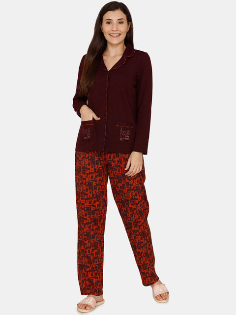 

Zivame Women Maroon Solid Night suit