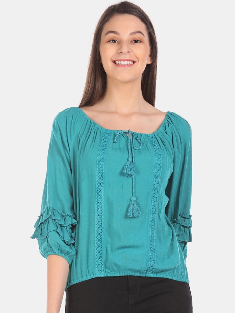 

Cherokee Women Teal Green Solid Top