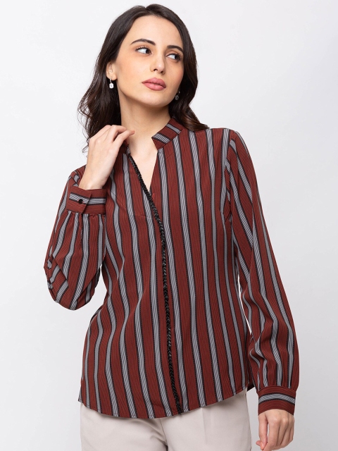 

SHECZZAR Women Maroon Striped Shirt Style Top