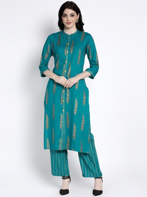 

ANAISA Women Teal Blue & Gold-Coloured Printed Kurta with Palazzos