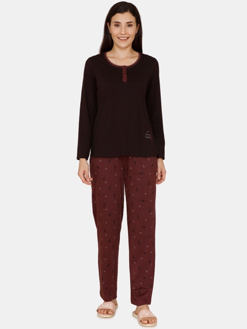 

Zivame Women Black & Maroon Solid Night suit