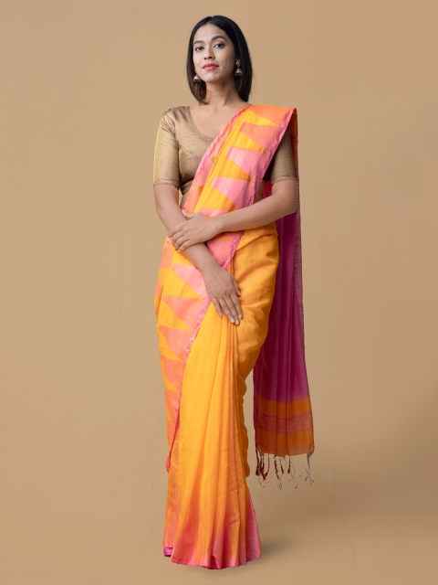 

Unnati Silks Pink & Yellow Pure Linen Woven Design Saree