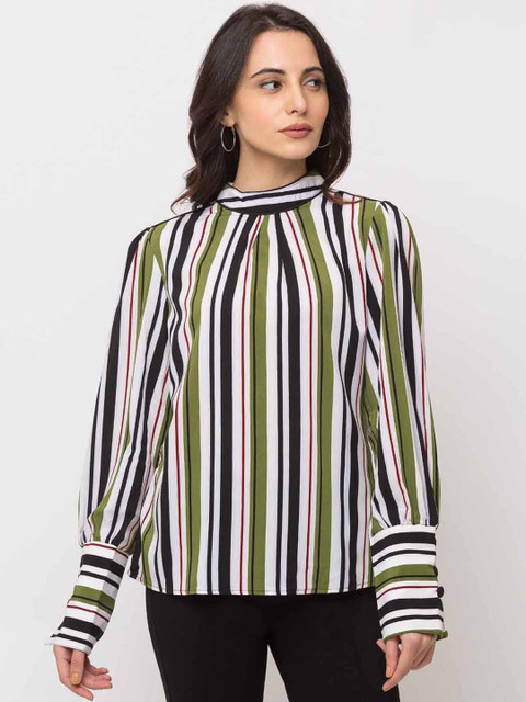 

SHECZZAR Women White & Olive Green Striped Top