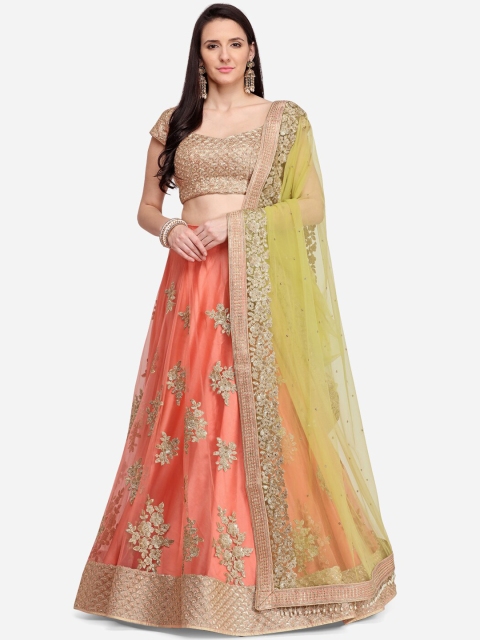 

NAKKASHI Pink & Yellow Embroidered Semi-Stitched Lehenga & Unstitched Blouse with Dupatta