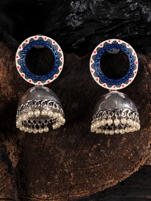 

Shoshaa Silver-Toned & Blue Dome Shaped Jhumkas