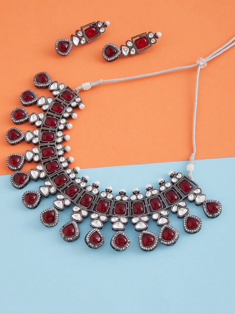 

Luxury By ZeroKaata Maroon & Silver-Plated Gemstones Handcrafted Necklace Set