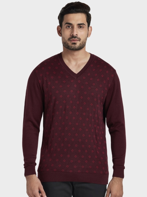 

ColorPlus Men Maroon Printed Tailored Fit Pullover Sweater