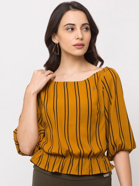 

SHECZZAR Women Mustard Striped Blouson Top