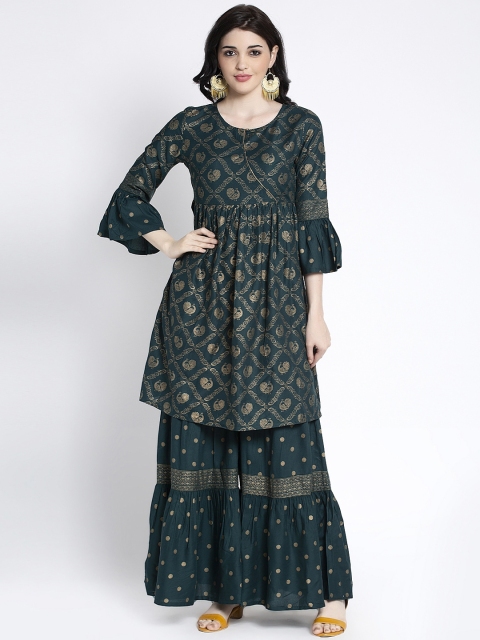 

ANAISA Women Green & Gold-Toned Printed Kurta with Sharara