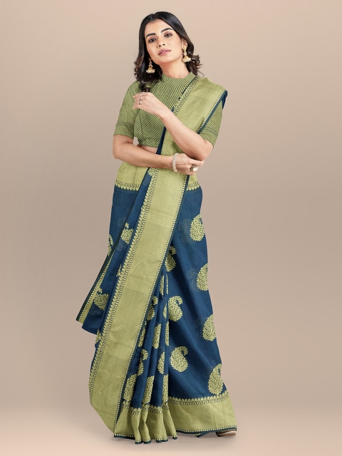 

BharatSthali Navy Blue & Green Banarasi Woven Design Saree