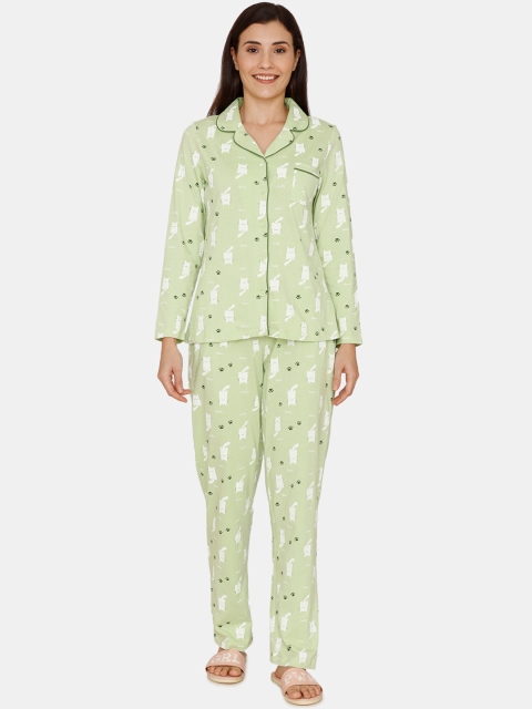 

Zivame Women Green & White Printed Night Suit