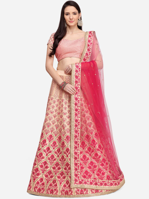 

NAKKASHI Women Pink & Peach-Coloured Embroidered Semi-Stitched Lehenga & Unstitched Blouse with Dupatta
