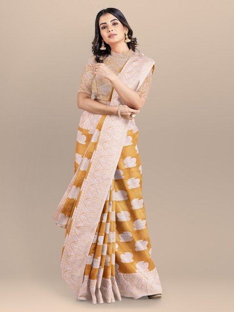 

BharatSthali Yellow & Beige Silk Cotton Woven Design Banarasi Saree
