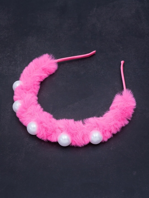 

Golden Peacock Women Pink Faux Fur Pearl Headband