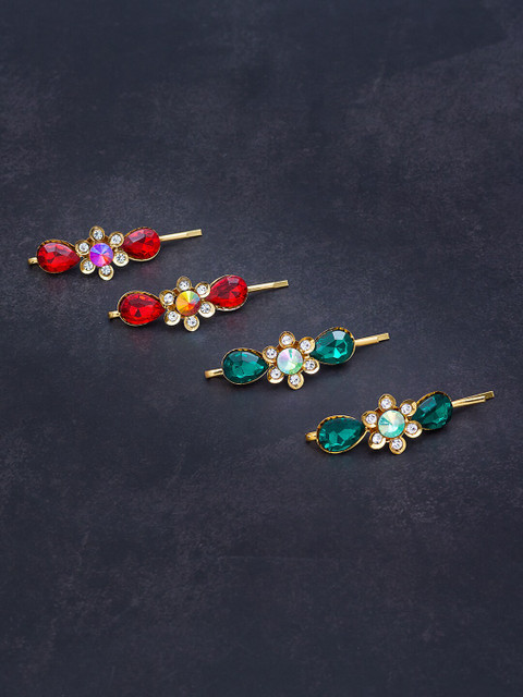 

Golden Peacock Green & Red Set of 2 Embellished Bobby Pins