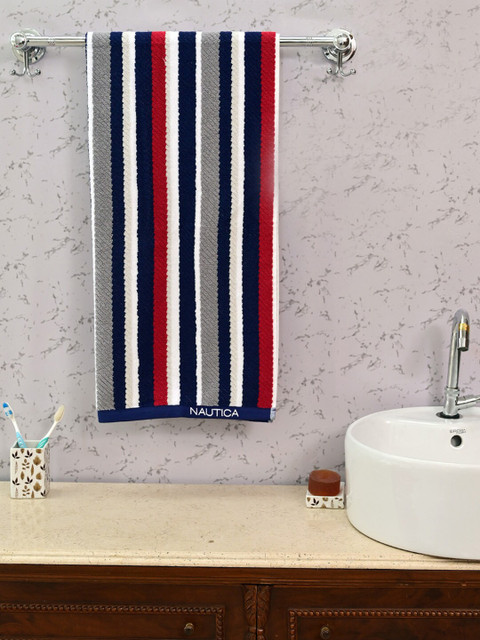 

AVI Living Navy Blue & Red Striped 550 GSM Bath Towel