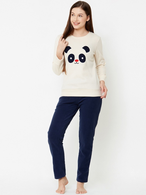 

Sweet Dreams Women Off-White & Navy Blue Appliqued Night suit