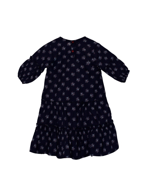 KiddoPanti Girls Navy Blue & Red Floral Print A-Line Dress