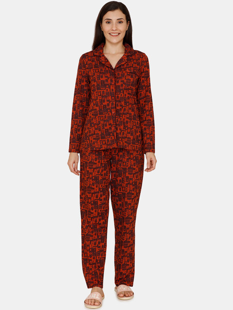 

Zivame Women Red & Brown Printed Night Suit