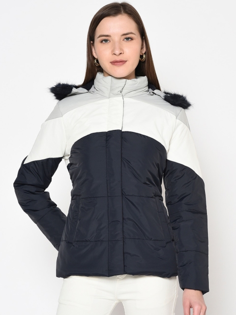 

METTLE Women Navy Blue & White Colourblocked Padded Jacket