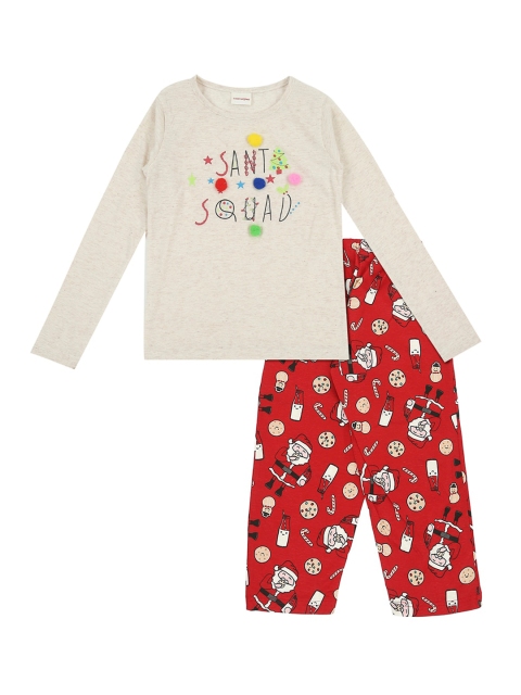 

RAINE AND JAINE Girls Off-White & Red Printed Night suit