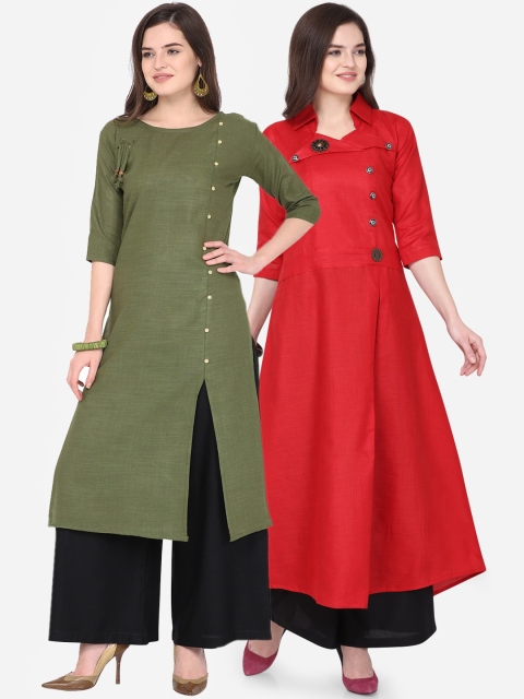 

Silk Bazar Women Red & Green Pack of 2 Solid Kurta with Palazzos