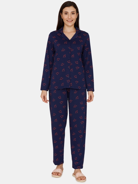 

Zivame Women Navy Blue & Pink Printed Night Suit