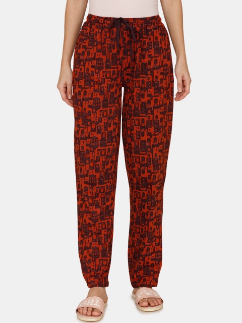 

Zivame Women Brown & Red City Lights Printed Antiviral Finish Cotton Pyjama