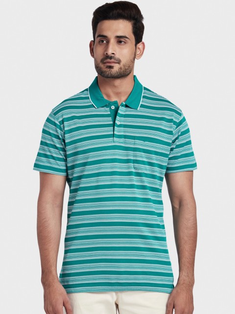 

ColorPlus Men Green & White Striped Polo Collar T-shirt
