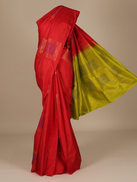 

Pothys Red & Olive Green Pure Silk Solid Saree