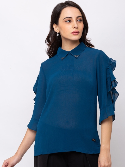 

SHECZZAR Women Blue Solid Ruffle Top