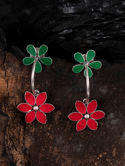 

Shoshaa Red & Green Silver-Plated Floral Drop Earrings