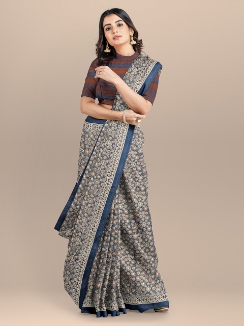 

BharatSthali Blue & Brown Pure Cotton Printed Handloom Saree