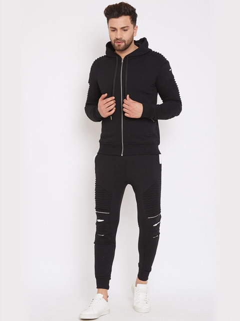 

Men Black Solid Biker Jogsuit