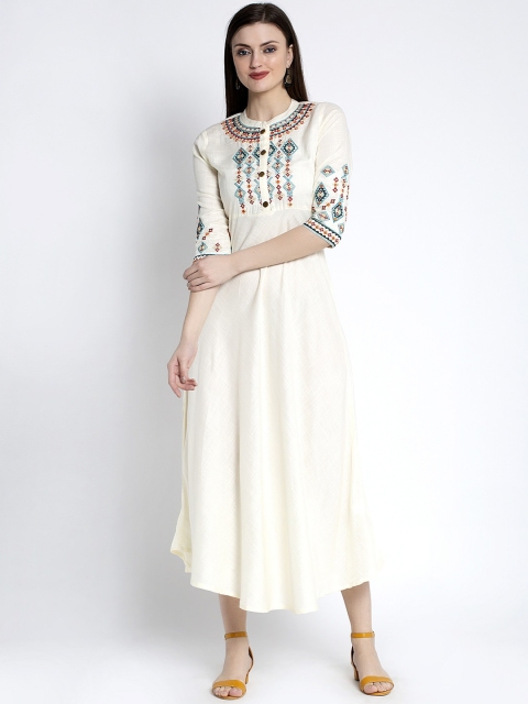

ANAISA Women Cream-Coloured & Blue Embroidered Maxi Dress