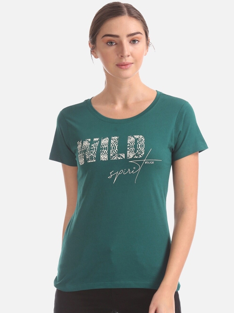 

Sugr Women Green Printed Round Neck T-shirt