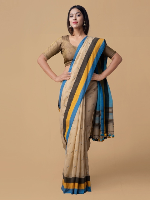

Unnati Silks Beige & Turquoise Blue Pure Linen Striped Saree