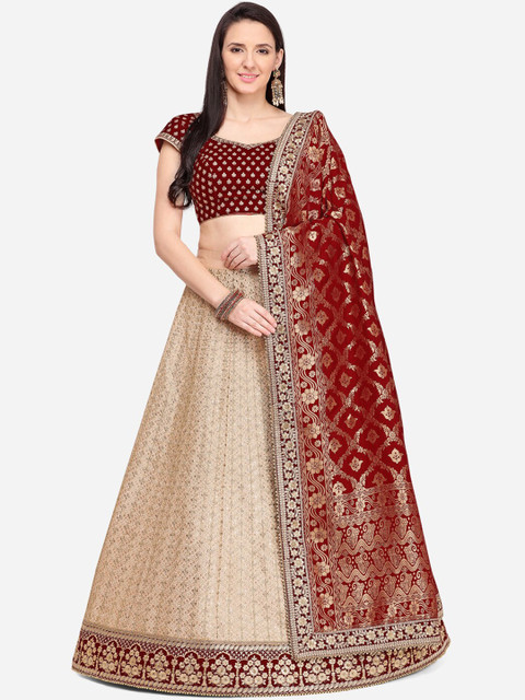 

NAKKASHI Women Maroon & Beige Zari Embroidered Raw Silk Semi-Stitched Lehenga & Unstitched Choli with Dupatta
